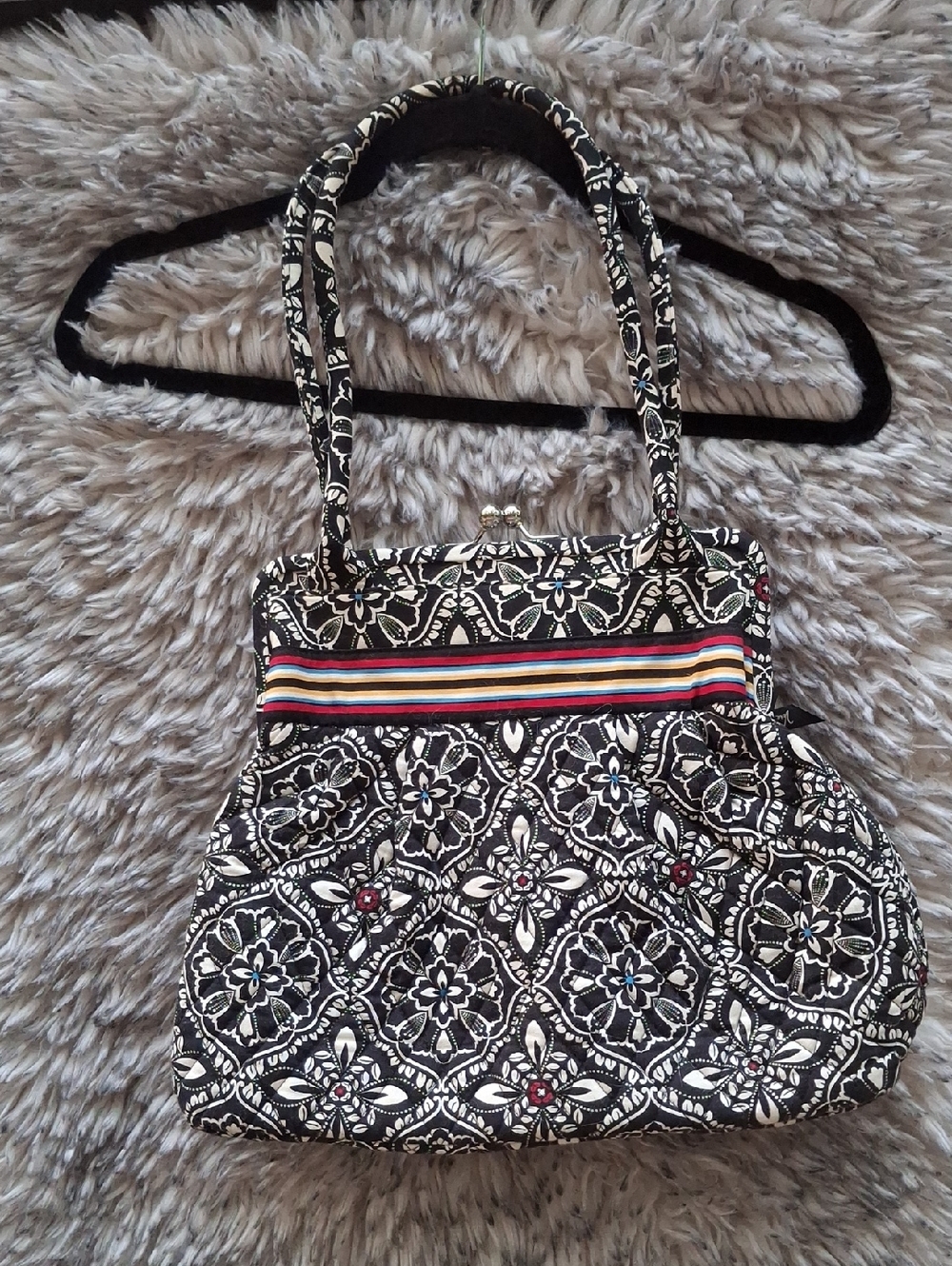 Vera Bradley Black and White Quilted Floral Shoulder Bag with Multicolor Stripe